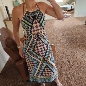 Moroccan tribal geometric maxi halter top dress women's medium